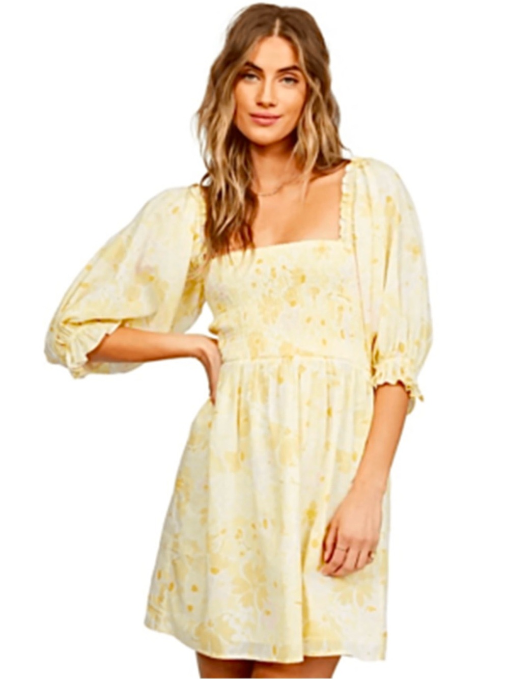 Billabong Women Groovy Yellow Floral Smocked Puff Sleeve Cotton Dress Sz S